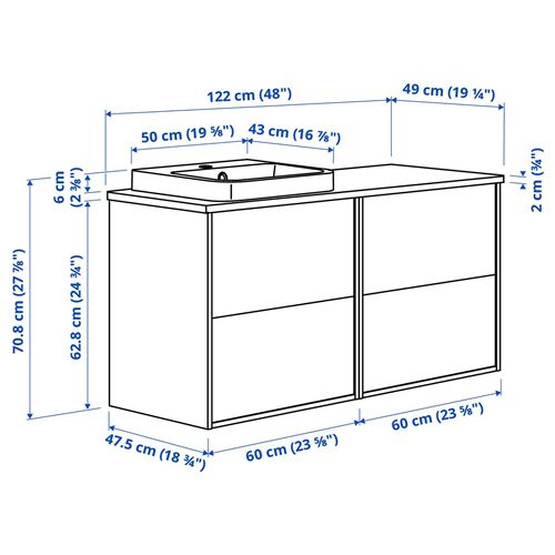 IKEA - ANGSJÖN/ALSKEN/BACKSJÖN, wash-basin and cabinet, high-gloss white-bamboo, 122x49x71 cm