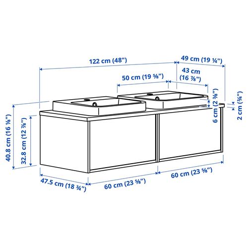 IKEA - ANGSJÖN/ALSKEN/BACKSJÖN, wash-basin and cabinet, high-gloss white-bamboo, 122x49x41 cm