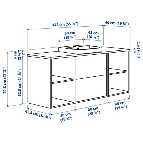 IKEA - ANGSJÖN/TOLKEN/BACKSJÖN, wash-basin and cabinet, oak effect-white marble effect, 142x49x71 cm