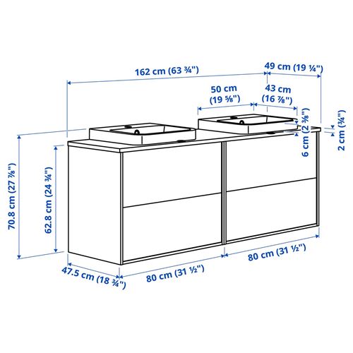IKEA - ANGSJÖN/TOLKEN/BACKSJÖN, lavabo dolabı kombinasyonu, meşe görünümlü-beyaz mermer görünüm, 162x49x71 cm