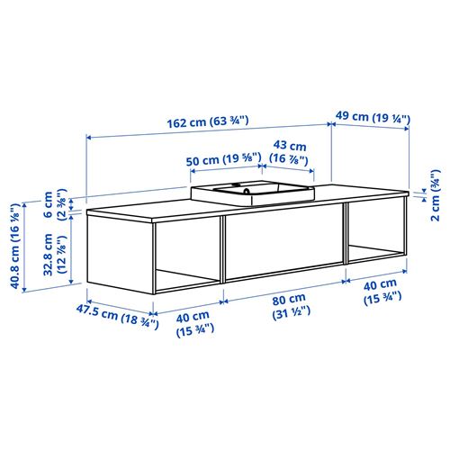 IKEA - ANGSJÖN/TOLKEN/BACKSJÖN, lavabo dolabı kombinasyonu, parlak cila beyaz-meşe görünümlü-beyaz mermer görünüm, 162x49x41 cm