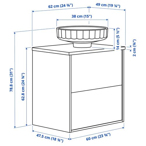 IKEA - ANGSJÖN/TOLKEN/LERSJÖN, wash-basin and cabinet, oak effect-white marble effect, 62x49x79 cm