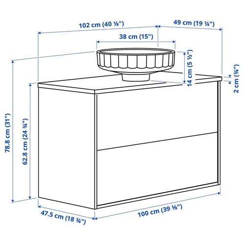 IKEA - ANGSJÖN/TOLKEN/LERSJÖN, wash-basin and cabinet, high-gloss white/white marble effect, 102x49x79 cm
