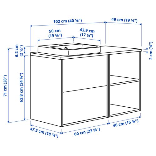 IKEA - HAVBACK/TOLKEN/ORRSJÖN, wash-basin and cabinet, dark grey-oak effect-white marble effect, 102x49x71 cm