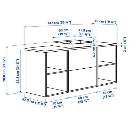 IKEA - HAVBACK/TOLKEN/ORRSJÖN, wash-basin and cabinet, dark grey-oak effect-white marble effect, 142x49x71 cm
