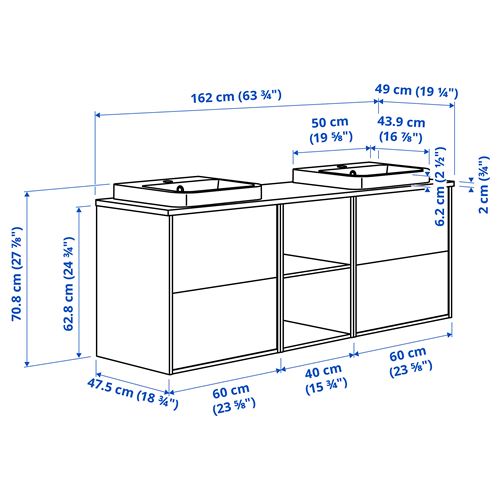 IKEA - HAVBACK/TOLKEN/ORRSJÖN, wash-basin and cabinet, dark grey-oak effect-white marble effect, 162x49x71 cm
