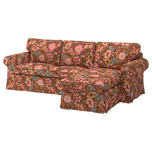 IKEA - EKTORP, 3-seat sofa with chaise longue cover, mangbyn brown-multicolour