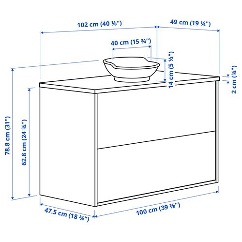 IKEA - TANNFORSEN/TOLKEN/VASTERSJÖN, wash-basin and cabinet, white-black marble appearance, 102x49x79 cm