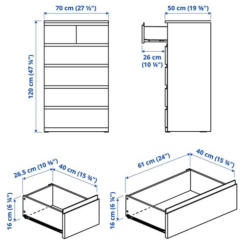 IKEA - STORKLINTA, 6 çekmeceli şifonyer, meşe görünümlü koyu kahve, 70x50x120 cm