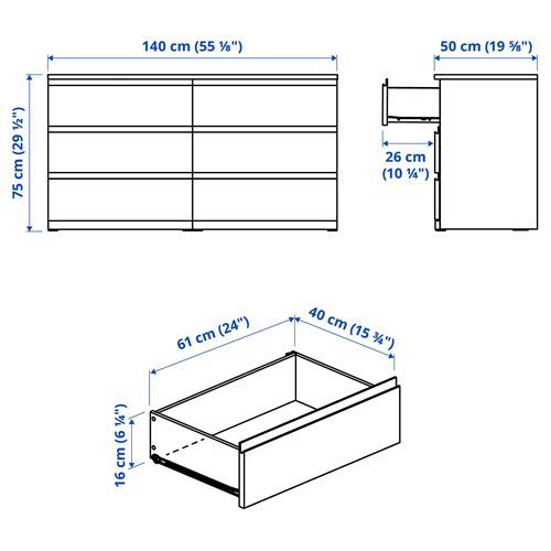 IKEA - STORKLINTA, 6 çekmeceli şifonyer, meşe görünümlü, 140x50x75 cm