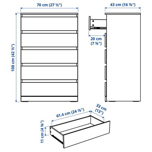 IKEA - LILLBERGET, chest of 5 drawers, white, 70x43x108 cm