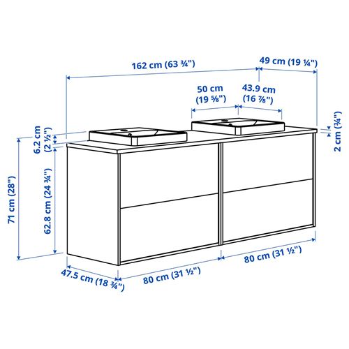 IKEA - TANNFORSEN/TOLKEN/ORRSJÖN, wash-basin and cabinet, white-white marble effect, 162x49x71 cm