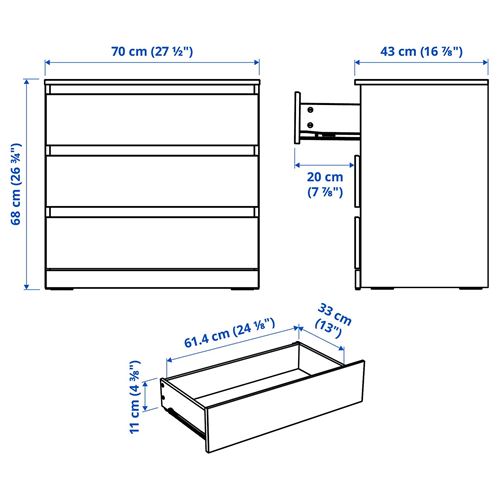 IKEA - LILLBERGET, chest of 3 drawers, white, 70x43x68 cm