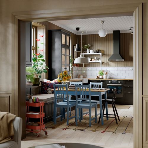 IKEA - PINNTORP, mutfak masası, açık kahverengi boyalı-mavi boyalı çam, 4 kişilik