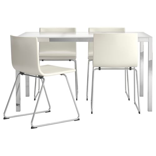 IKEA - TORSBY/BERNHARD, yemek masası takımı, beyaz cam-beyaz, 4 sandalyeli