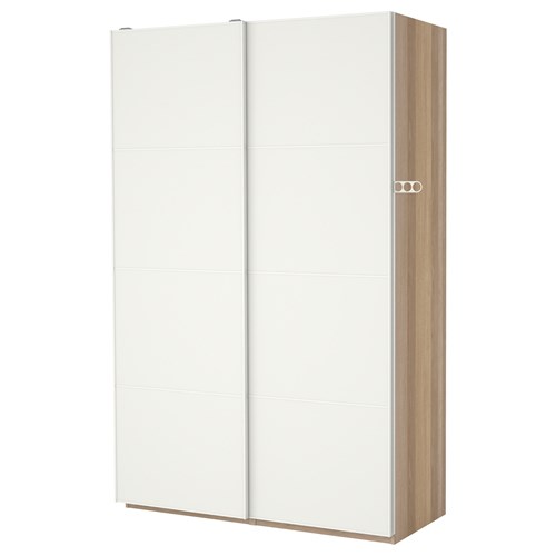 IKEA - PAX/MEHAMN, PAX sürgü kapaklı gardırop, ağartılmış meşe görünümlü-beyaz, 150x66x236 cm