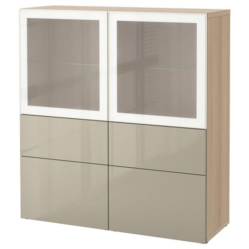 white stained oak effect/high-gloss/beige/frosted glass