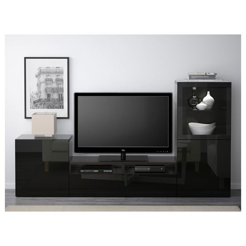 IKEA - BESTA, tv storage unit, black-brown/black/clear glass, 240x40x128 cm