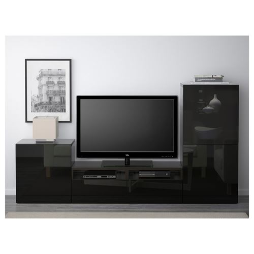 IKEA - BESTA, tv storage unit, black-brown/high-gloss/black/smoked glass, 240x40x128 cm