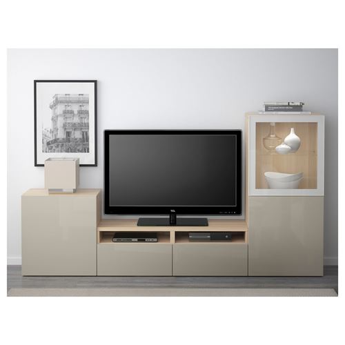 IKEA - BESTA, tv ünitesi, ağartılmış meşe görünümlü-parlak cila-bej-şeffaf cam, 240x40x128 cm