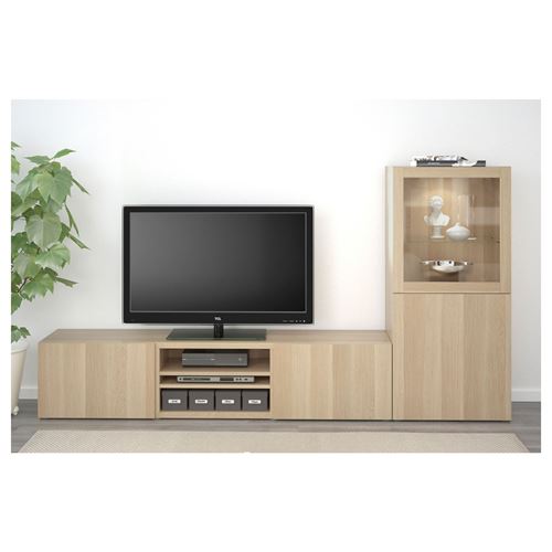 IKEA - BESTA, tv ünitesi, ağartılmış meşe görünümlü-beyaz meşe görünümlü-şeffaf cam, 240x42x129 cm