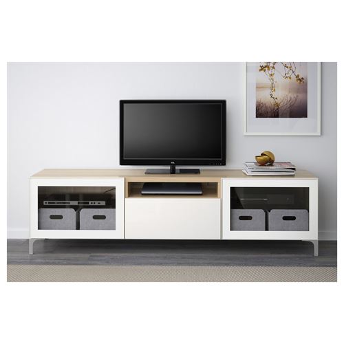 IKEA - BESTA, tv bench, white stained oak effect/high-gloss/white/clear glass, 180x42x48 cm