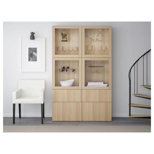 IKEA - BESTA, storage combination, white stained oak eff/clear glass, 120x40x192 cm