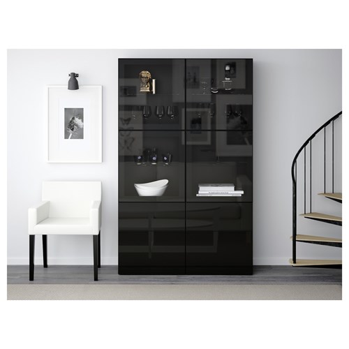 IKEA - BESTA, storage combination, black-brown/high-gloss/black/clear glass, 120x40x192 cm