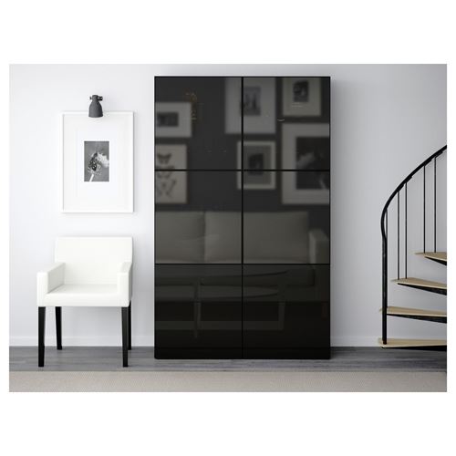 IKEA - BESTA, storage combination, black-brown/high-gloss/black/smoked glass, 120x40x192 cm