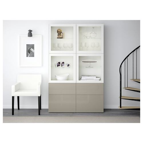IKEA - BESTA, dolap kombinasyonu, beyaz-parlak cila-bej-şeffaf cam, 120x40x192 cm