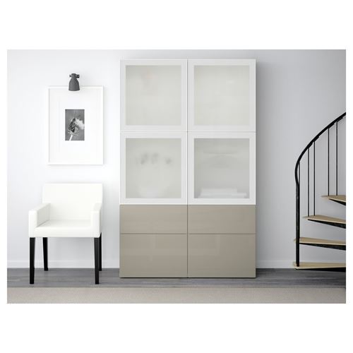IKEA - BESTA, dolap kombinasyonu, beyaz-parlak cila-bej-buzlu cam, 120x40x192 cm