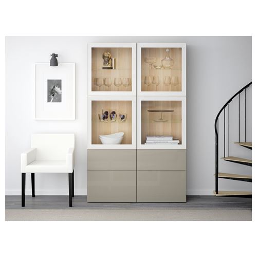 IKEA - BESTA, dolap kombinasyonu, ağartılmış meşe görünümlü-parlak cila-bej-şeffaf cam, 120x40x192 cm