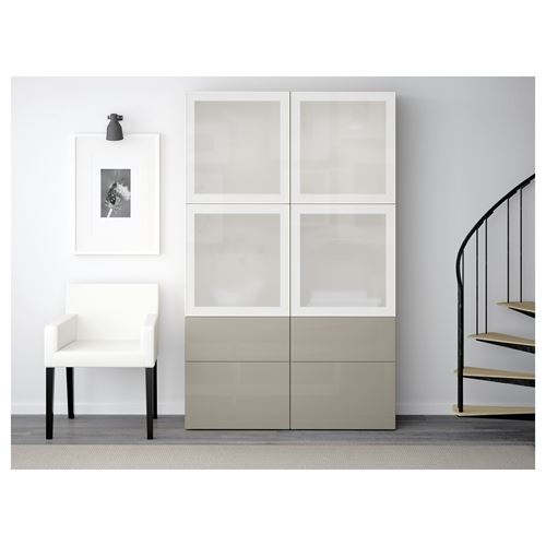IKEA - BESTA, dolap kombinasyonu, ağartılmış meşe görünümlü-parlak cila-bej-buzlu cam, 120x40x192 cm