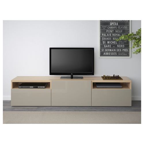IKEA - BESTA, tv sehpası, ağartılmış meşe görünümlü-parlak cila-bej, 180x42x39 cm