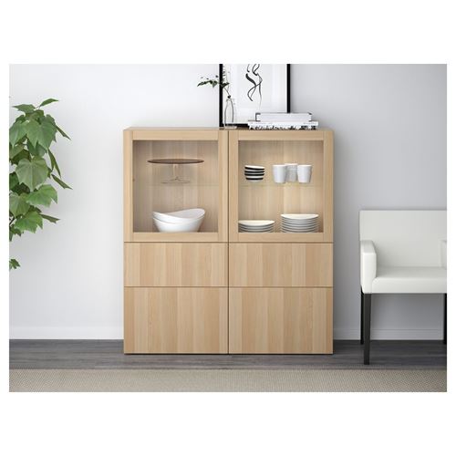 IKEA - BESTA, storage combination, white stained oak eff/clear glass, 120x40x128 cm