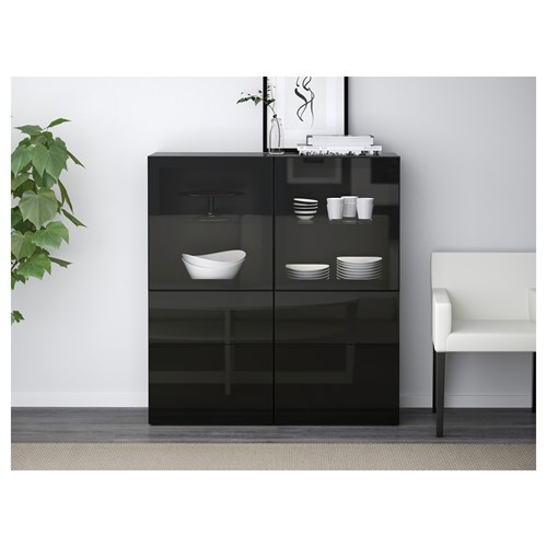 IKEA - BESTA, storage combination, black-brown/high-gloss/black/clear glass, 120x40x128 cm