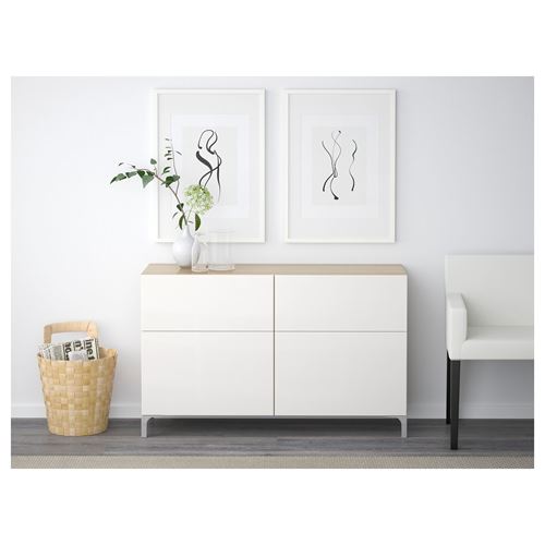 IKEA - BESTA, storage combination, white stained oak effect/high-gloss/white, 120x40x74 cm