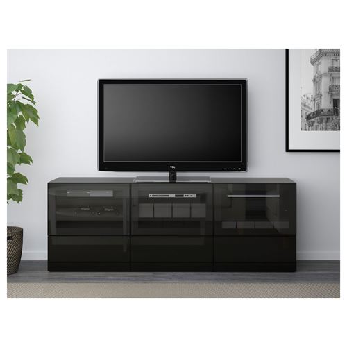 IKEA - BESTA, tv bench, black-brown/black/clear glass, 180x40x64 cm