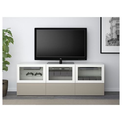 IKEA - BESTA, tv sehpası, beyaz-parlak cila-bej-şeffaf cam, 180x40x64 cm