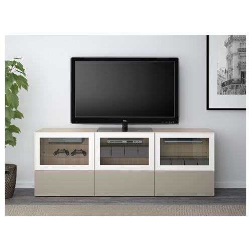 IKEA - BESTA, tv sehpası, ağartılmış meşe görünümlü-parlak cila-bej-şeffaf cam, 180x40x64 cm