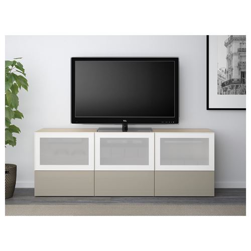 IKEA - BESTA, tv sehpası, ağartılmış meşe görünümlü-parlak cila-bej-buzlu cam, 180x40x64 cm