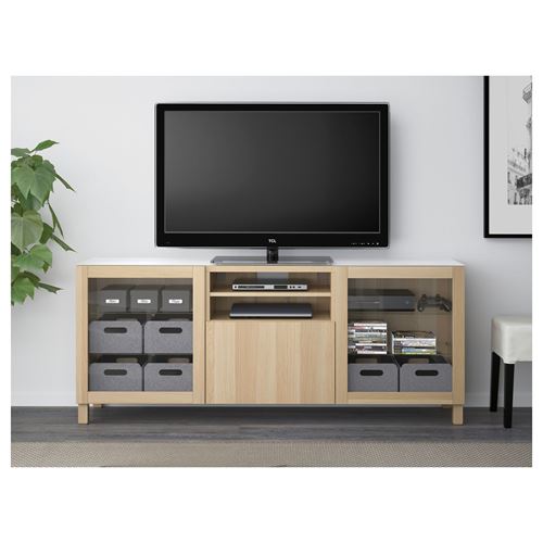 IKEA - BESTA, tv sehpası, beyaz meşe görünümlü-şeffaf cam, 180x40x74 cm