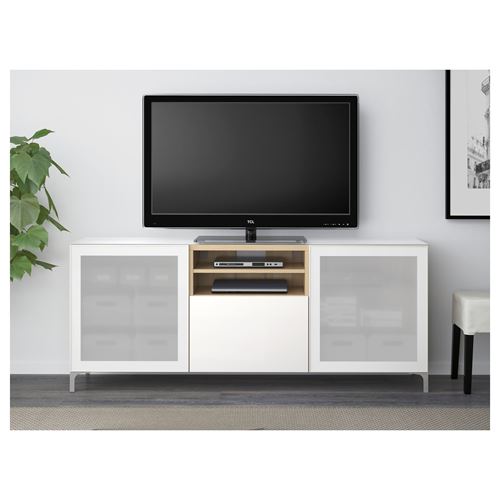 IKEA - BESTA, tv bench, white stained oak effect/high-gloss/white/frosted glass, 180x40x74 cm