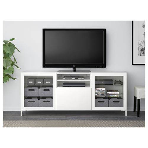 IKEA - BESTA, tv bench, white/high-gloss/clear glass, 180x40x74 cm