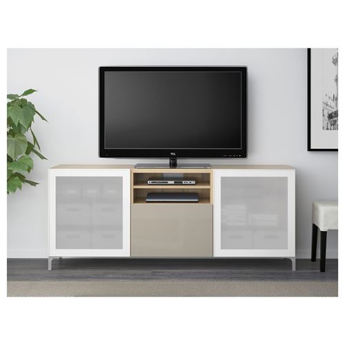 IKEA - BESTA, tv bench, white stained oak effect/high-gloss/beige/frosted glass, 180x40x74 cm