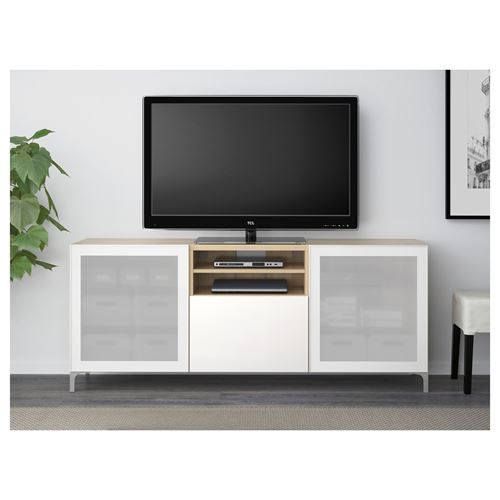 IKEA - BESTA, tv bench, white stained oak effect/high-gloss/white/frosted glass, 180x40x74 cm