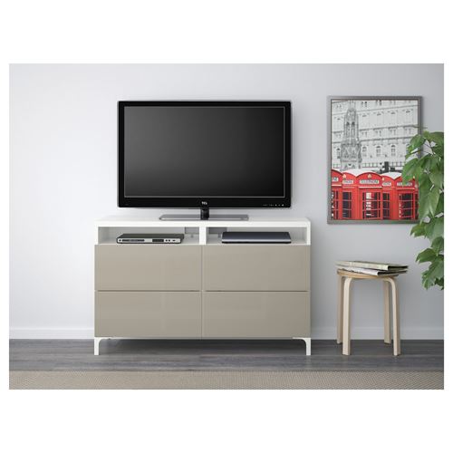 IKEA - BESTA, tv bench, white/high-gloss/beige, 120x40x74 cm