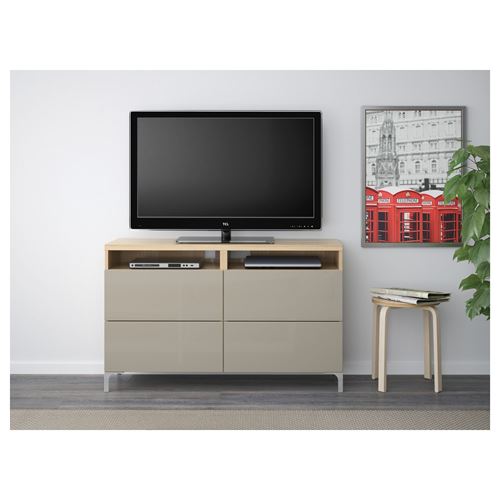 IKEA - BESTA, tv sehpası, ağartılmış meşe görünümlü-parlak cila-bej, 120x40x74 cm