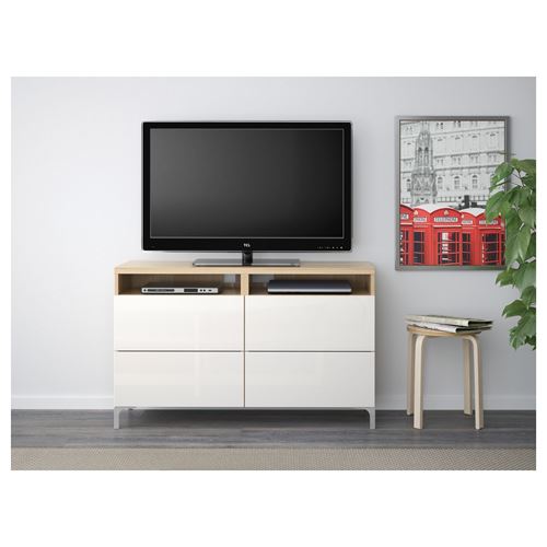 IKEA - BESTA, tv bench, white stained oak effect/high-gloss/white, 120x40x74 cm