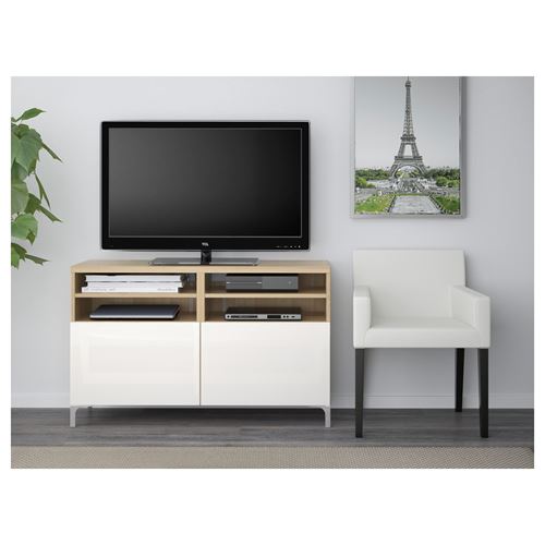 IKEA - BESTA, tv bench, white stained oak effect/high-gloss/white, 120x40x74 cm